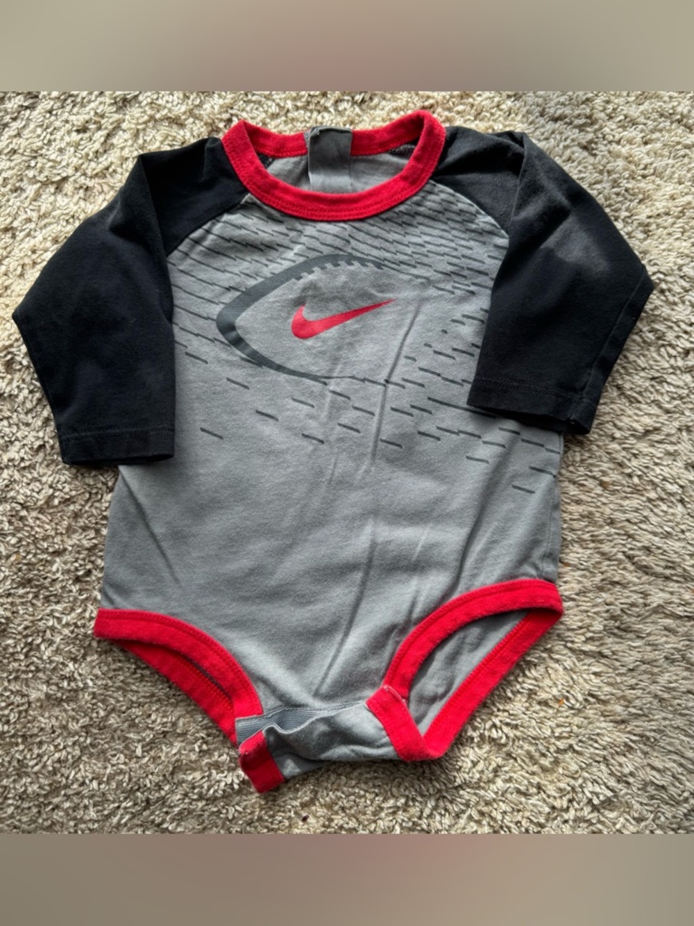 Nike Baby Bodysuit 0-3M Gray Black Red Swoosh Football Onesie